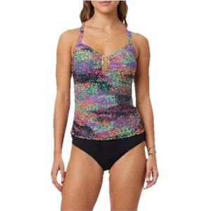Anne Cole Women's NWT Vibrant Confetti Print X-Back Ruched Tankini Top Size 8